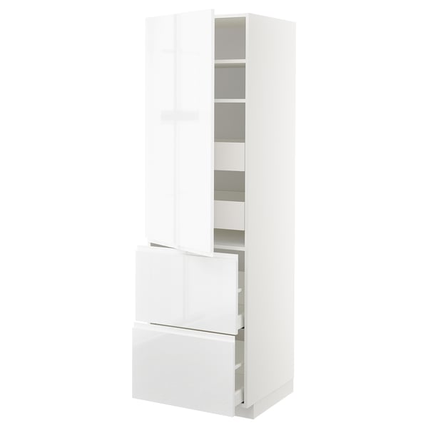 METOD / MAXIMERA hi cab w shlvs/4 drawers/dr/2 frnts, white/Voxtorp high-gloss/white, 60x60x200 cm