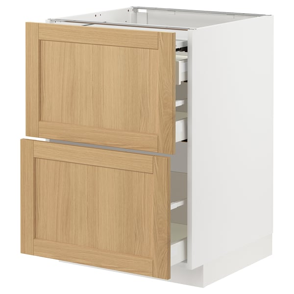 METOD / MAXIMERA bc w pull-out work surface/3drw, white/Forsbacka oak, 60x60 cm