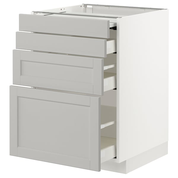 METOD / MAXIMERA bc w pull-out work surface/3drw, white/Lerhyttan light grey, 60x60 cm