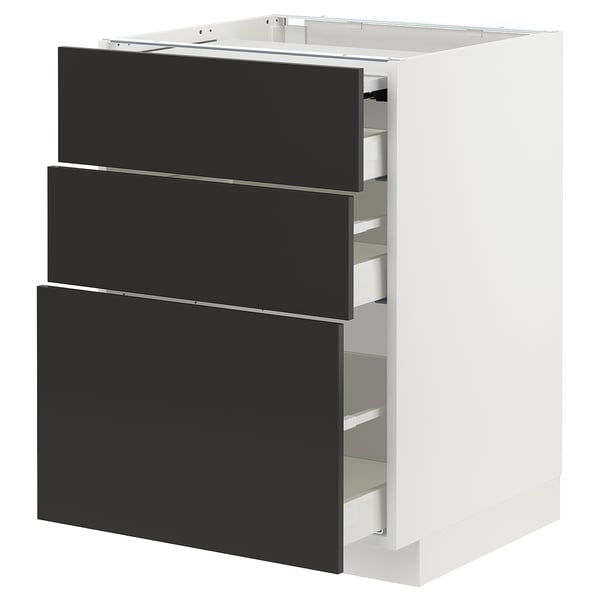 METOD / MAXIMERA bc w pull-out work surface/3drw, white/Nickebo matt anthracite, 60x60 cm