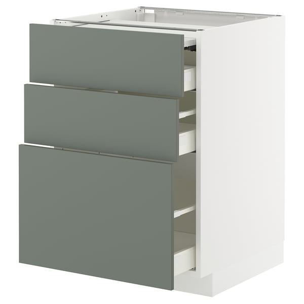 METOD / MAXIMERA bc w pull-out work surface/3drw, white/Nickebo matt grey-green, 60x60 cm