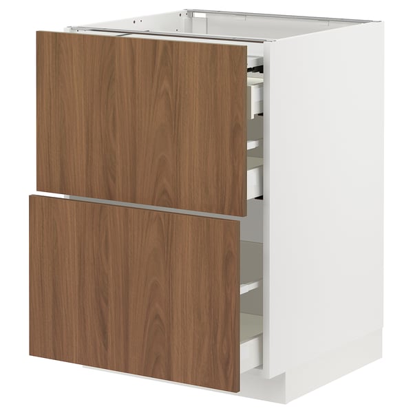 METOD / MAXIMERA bc w pull-out work surface/3drw, white/Tistorp brown walnut effect, 60x60 cm
