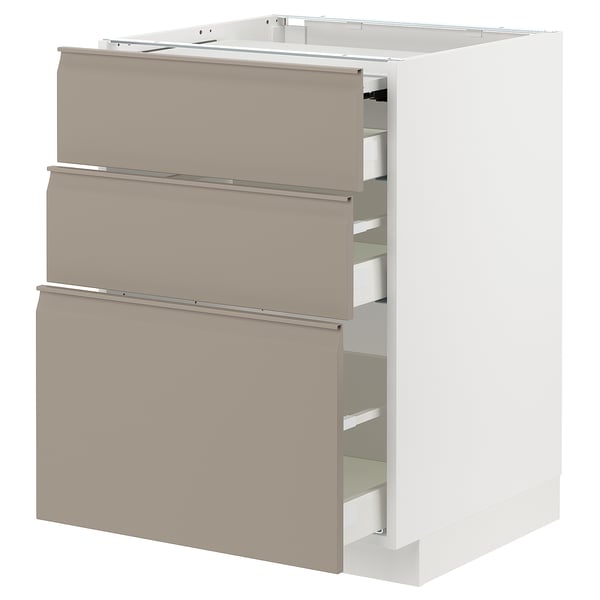 METOD / MAXIMERA bc w pull-out work surface/3drw, white/Upplöv matt dark beige, 60x60 cm