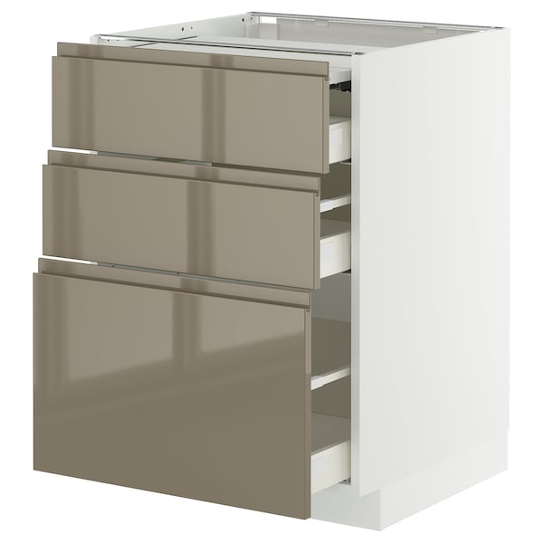 METOD / MAXIMERA bc w pull-out work surface/3drw, white/Voxtorp high-gloss dark grey-brown, 60x60 cm