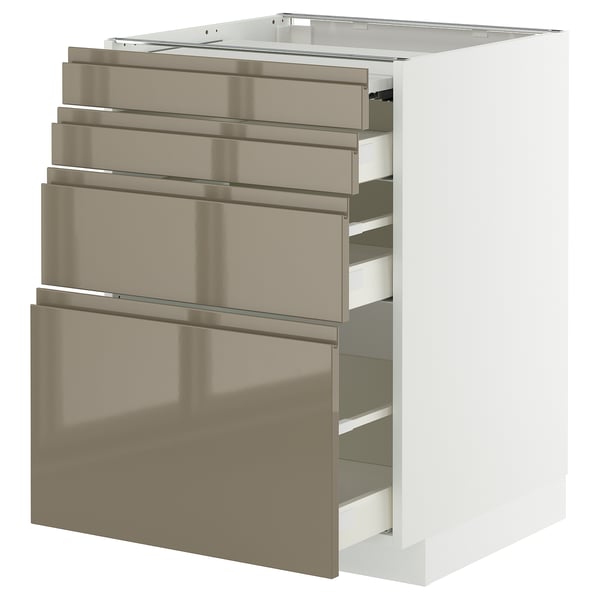 METOD / MAXIMERA bc w pull-out work surface/3drw, white/Voxtorp high-gloss dark grey-brown, 60x60 cm