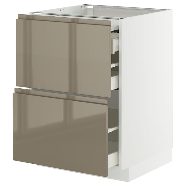 METOD / MAXIMERA bc w pull-out work surface/3drw, white/Voxtorp high-gloss dark grey-brown, 60x60 cm