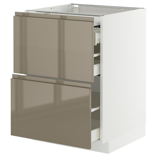 METOD / MAXIMERA bc w pull-out work surface/3drw, white/Voxtorp high-gloss dark grey-brown, 60x60 cm