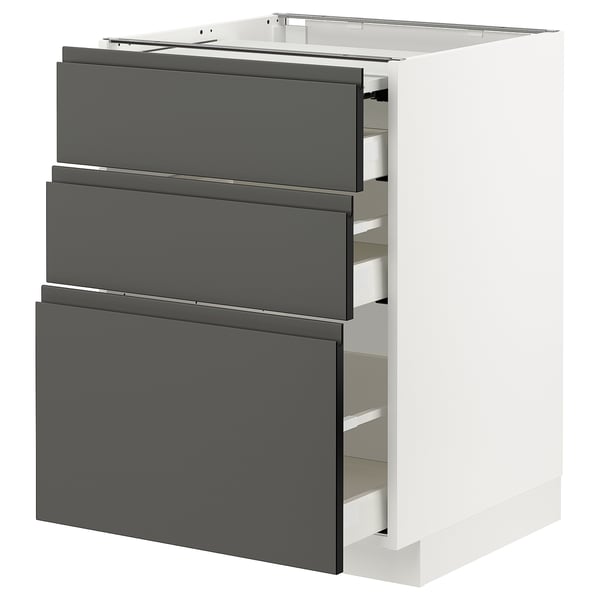 METOD / MAXIMERA bc w pull-out work surface/3drw, white/Voxtorp dark grey, 60x60 cm