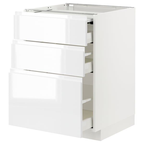 METOD / MAXIMERA bc w pull-out work surface/3drw, white/Voxtorp high-gloss/white, 60x60 cm