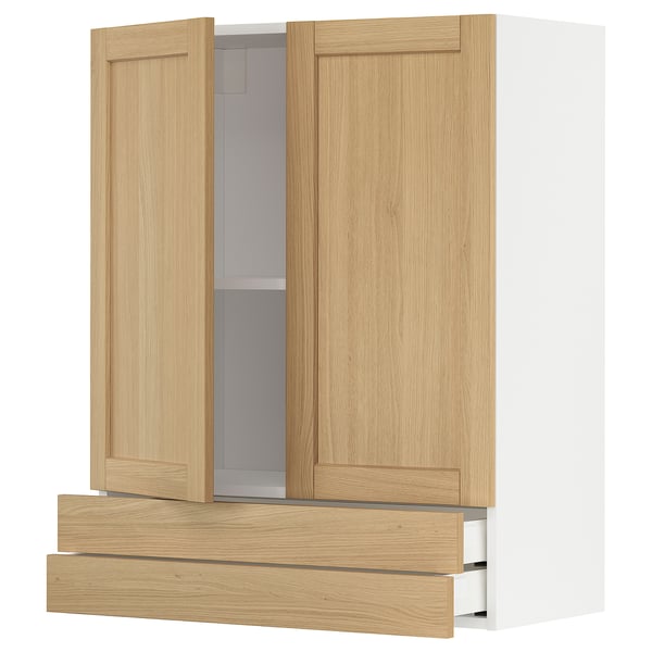 METOD / MAXIMERA wall cabinet w 2 doors/2 drawers, white/Forsbacka oak, 80x100 cm