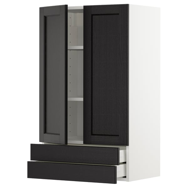 METOD / MAXIMERA wall cabinet w 2 doors/2 drawers, white/Lerhyttan black stained, 60x100 cm
