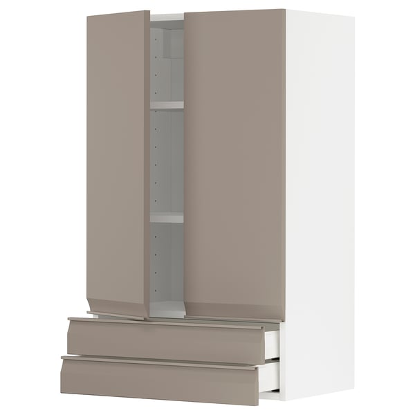 METOD / MAXIMERA wall cabinet w 2 doors/2 drawers, white/Upplöv matt dark beige, 60x100 cm