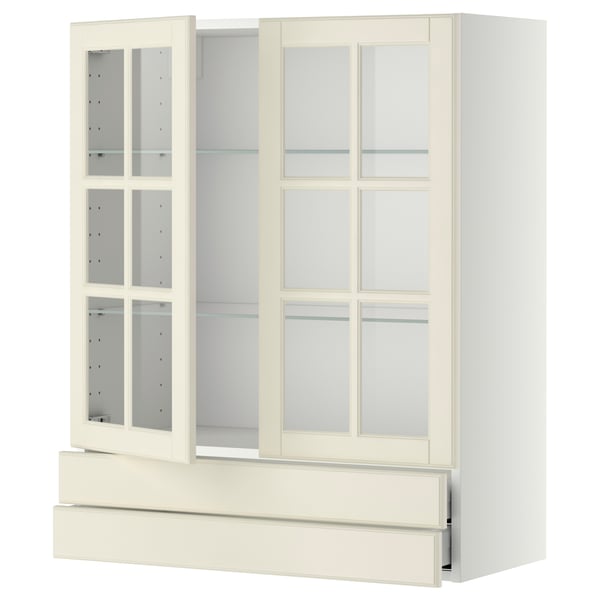METOD / MAXIMERA wall cab w 2 glass doors/2 drawers, white/Bodbyn off-white, 80x100 cm
