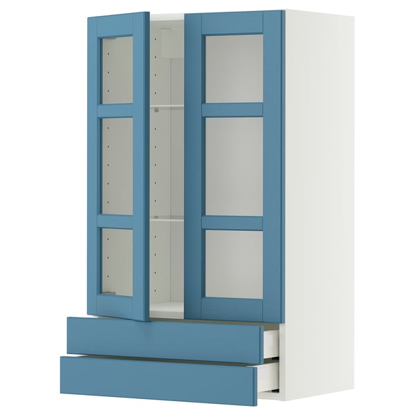 METOD / MAXIMERA wall cab w 2 glass doors/2 drawers, white/Lerhyttan blue, 60x100 cm