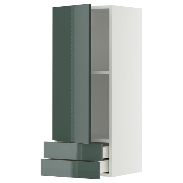 METOD / MAXIMERA wall cabinet with door/2 drawers, white/Kallarp high-gloss dark grey-green, 40x100 cm