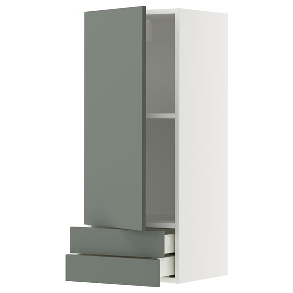 METOD / MAXIMERA wall cabinet with door/2 drawers, white/Nickebo matt grey-green, 40x100 cm