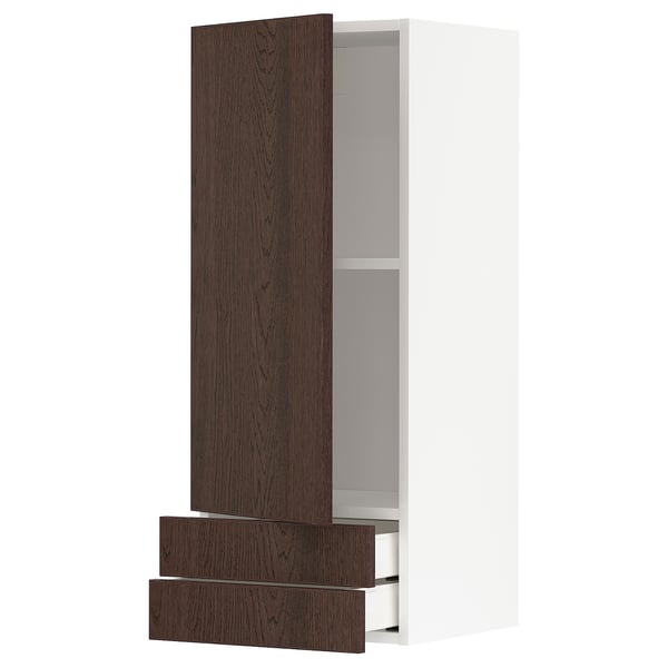 METOD / MAXIMERA wall cabinet with door/2 drawers, white/Sinarp brown, 40x100 cm