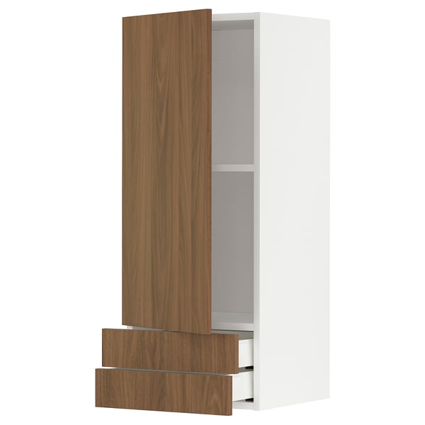 METOD / MAXIMERA wall cabinet with door/2 drawers, white/Tistorp brown walnut effect, 40x100 cm