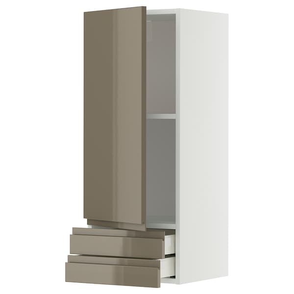 METOD / MAXIMERA wall cabinet with door/2 drawers, white/Voxtorp high-gloss dark grey-brown, 40x100 cm