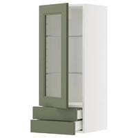 METOD / MAXIMERA wall cabinet w glass door/2 drawers, white/Axstad grey-green, 40x100 cm