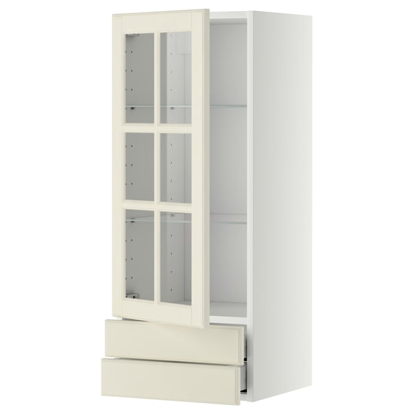 METOD / MAXIMERA wall cabinet w glass door/2 drawers, white/Bodbyn off-white, 40x100 cm