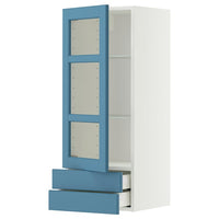 METOD / MAXIMERA wall cabinet w glass door/2 drawers, white/Lerhyttan blue, 40x100 cm