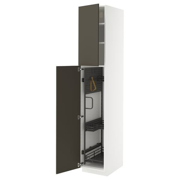 METOD high cabinet with cleaning interior, white/Havstorp brown-beige, 40x60x220 cm