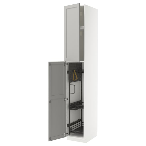 METOD high cabinet with cleaning interior, white/Lerhyttan light grey, 40x60x240 cm