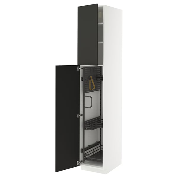 METOD high cabinet with cleaning interior, white/Nickebo matt anthracite, 40x60x220 cm