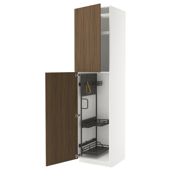METOD high cabinet with cleaning interior, white/Tistorp brown walnut effect, 60x60x240 cm