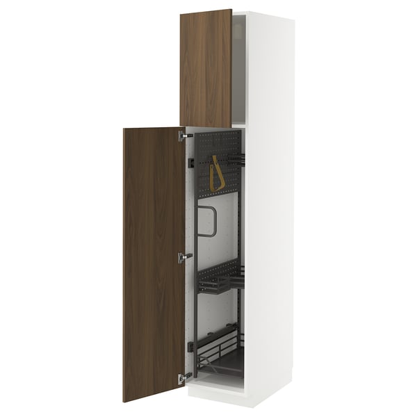 METOD high cabinet with cleaning interior, white/Tistorp brown walnut effect, 40x60x200 cm