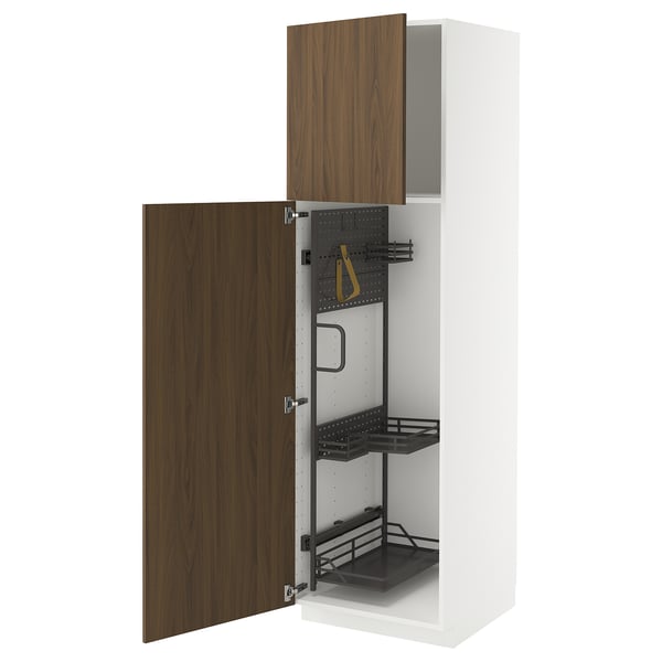 METOD high cabinet with cleaning interior, white/Tistorp brown walnut effect, 60x60x200 cm