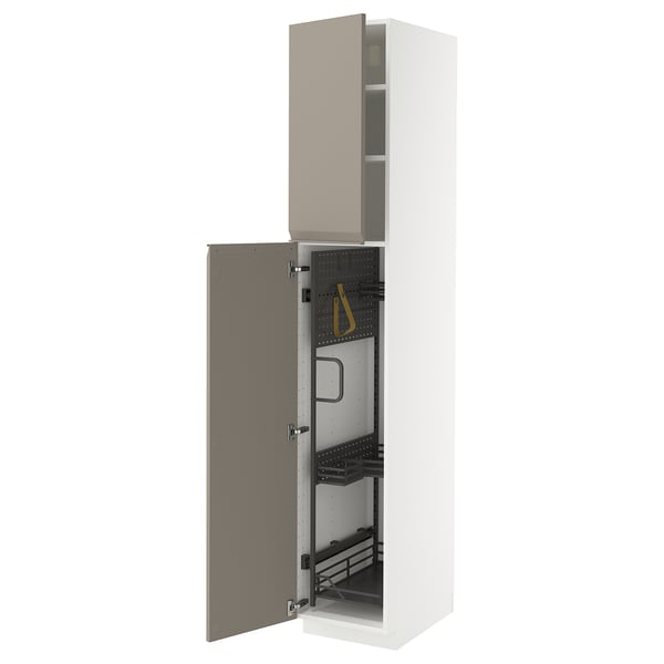 METOD high cabinet with cleaning interior, white/Upplöv matt dark beige, 40x60x220 cm