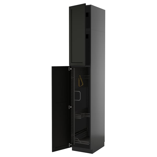 METOD high cabinet with cleaning interior, black-grey/Lerhyttan black stained, 40x60x240 cm