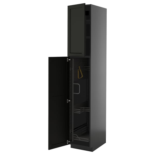 METOD high cabinet with cleaning interior, black-grey/Lerhyttan black stained, 40x60x220 cm
