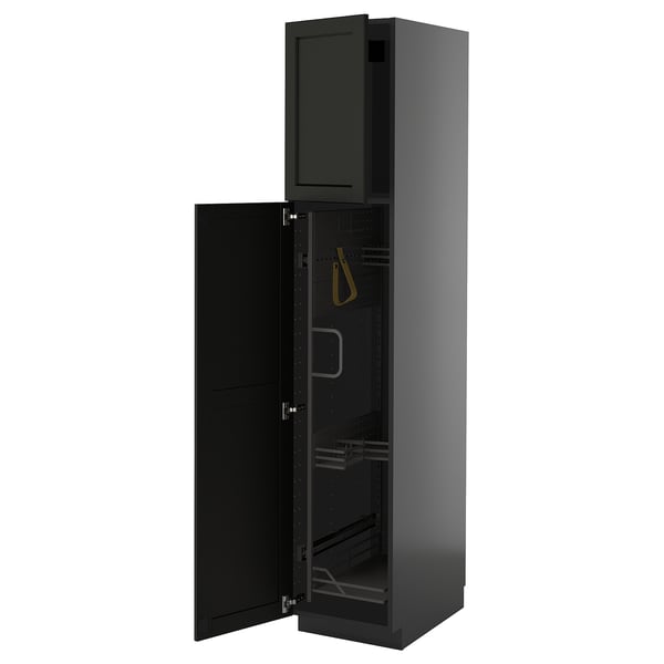 METOD high cabinet with cleaning interior, black-grey/Lerhyttan black stained, 40x60x200 cm