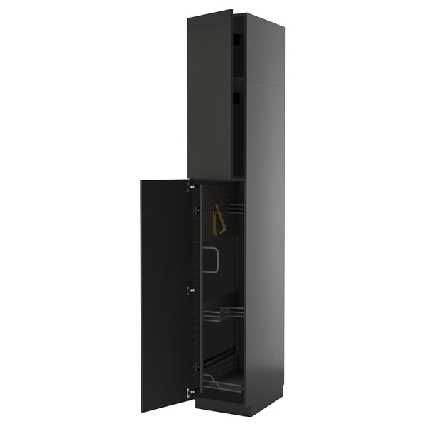 METOD high cabinet with cleaning interior, black-grey/Nickebo matt anthracite, 40x60x240 cm