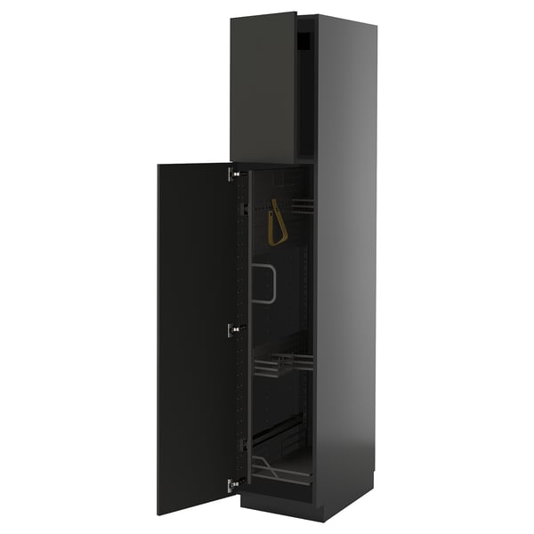 METOD high cabinet with cleaning interior, black-grey/Nickebo matt anthracite, 40x60x200 cm