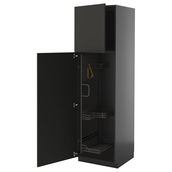 METOD high cabinet with cleaning interior, black-grey/Nickebo matt anthracite, 60x60x200 cm