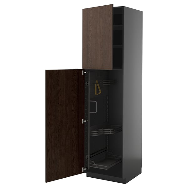 METOD high cabinet with cleaning interior, black-grey/Sinarp brown, 60x60x220 cm