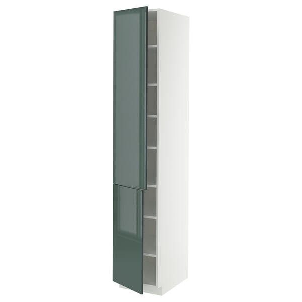 METOD high cabinet with shelves/2 doors, white/Kallarp high-gloss dark grey-green, 40x60x220 cm