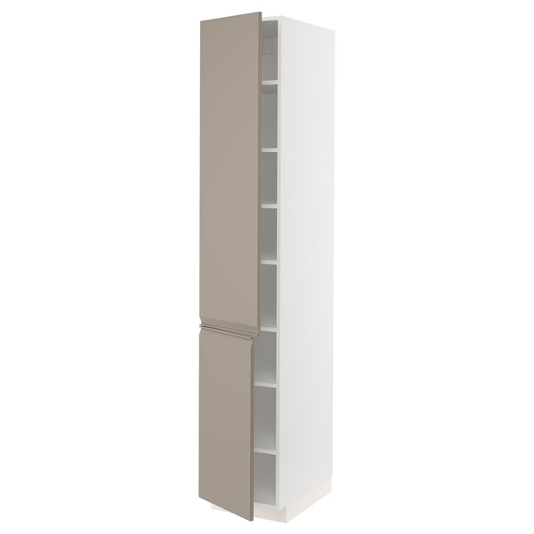METOD high cabinet with shelves/2 doors, white/Upplöv matt dark beige, 40x60x220 cm