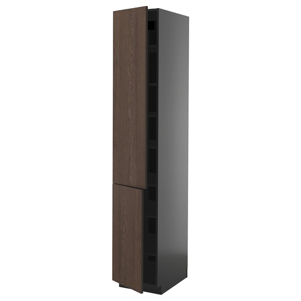 METOD high cabinet with shelves/2 doors, black-grey/Sinarp brown, 40x60x220 cm