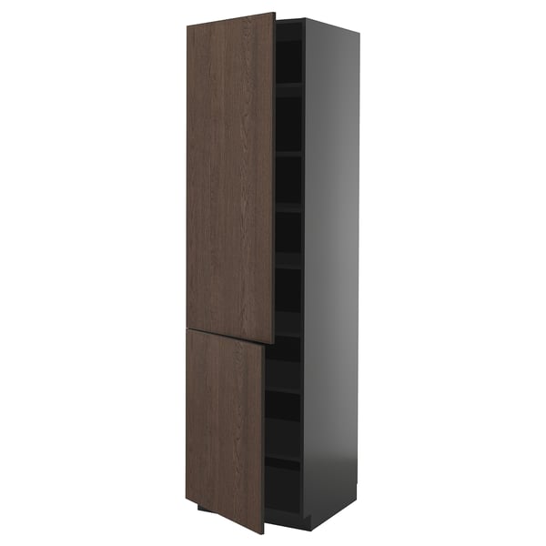 METOD high cabinet with shelves/2 doors, black-grey/Sinarp brown, 60x60x220 cm