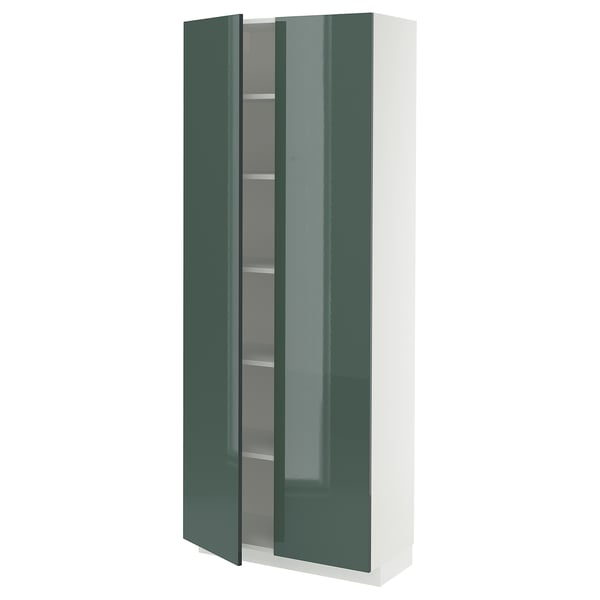 METOD high cabinet with shelves, white/Kallarp high-gloss dark grey-green, 80x37x200 cm