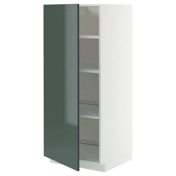 METOD high cabinet with shelves, white/Kallarp high-gloss dark grey-green, 60x60x140 cm