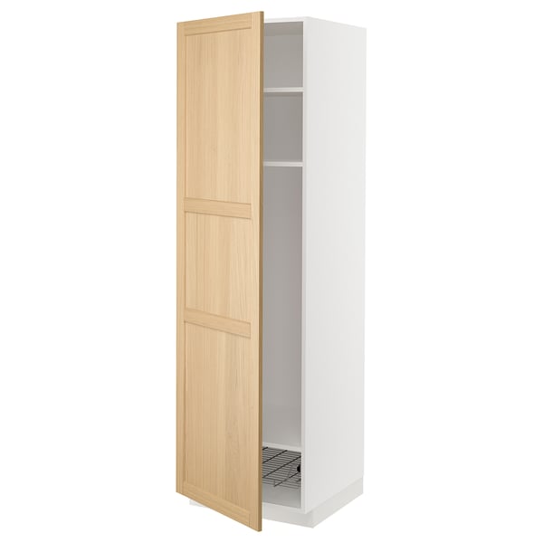 METOD high cabinet w shelves/wire basket, white/Forsbacka oak, 60x60x200 cm