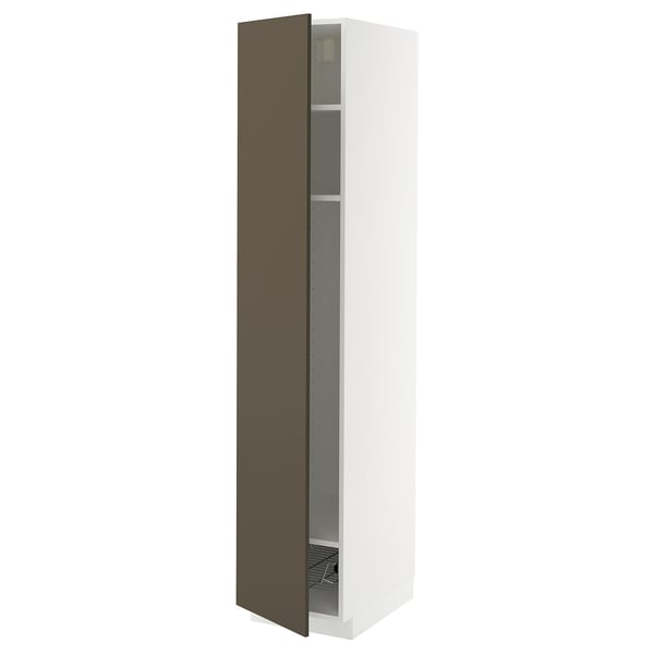 METOD high cabinet w shelves/wire basket, white/Havstorp brown-beige, 40x60x200 cm