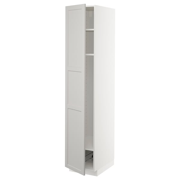 METOD high cabinet w shelves/wire basket, white/Lerhyttan light grey, 40x60x200 cm