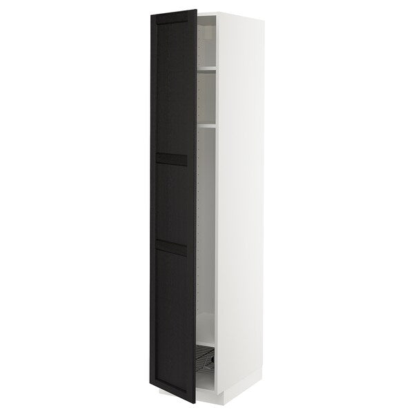 METOD high cabinet w shelves/wire basket, white/Lerhyttan black stained, 40x60x200 cm